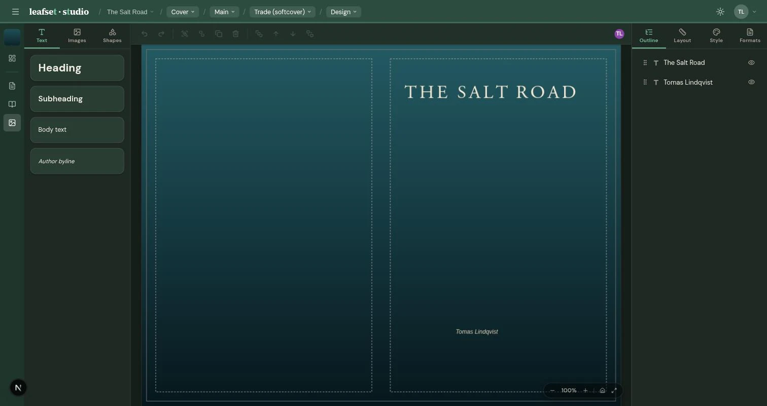 The Leafset cover designer, showing a book cover on canvas with text, image and shape tools alongside it.